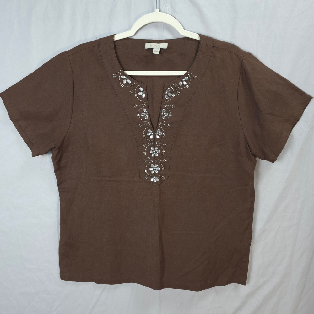 Bogari Brown Linen Blend Beaded Blouse Women L Boho‎ Short Sleeve Earthy Neutral